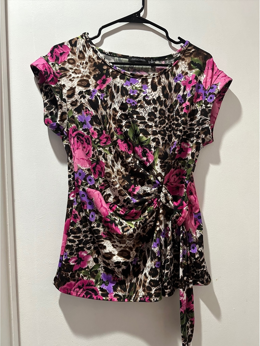 Notations Leopard Floral Rouched Tie Blouse